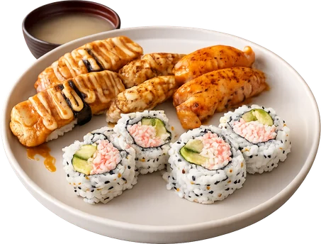Torched nigiri and California roll with miso soup