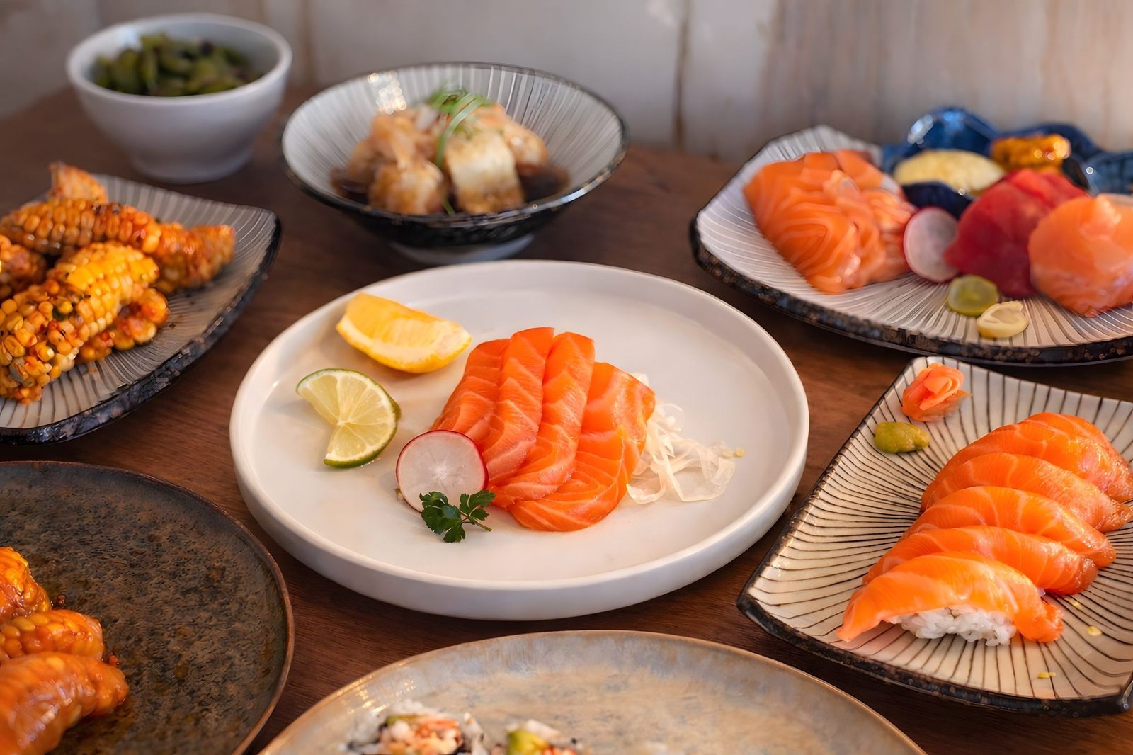 Aged salmon sashimi on a white plate with lemon and radish, surrounded by other Bon Sushi dishes